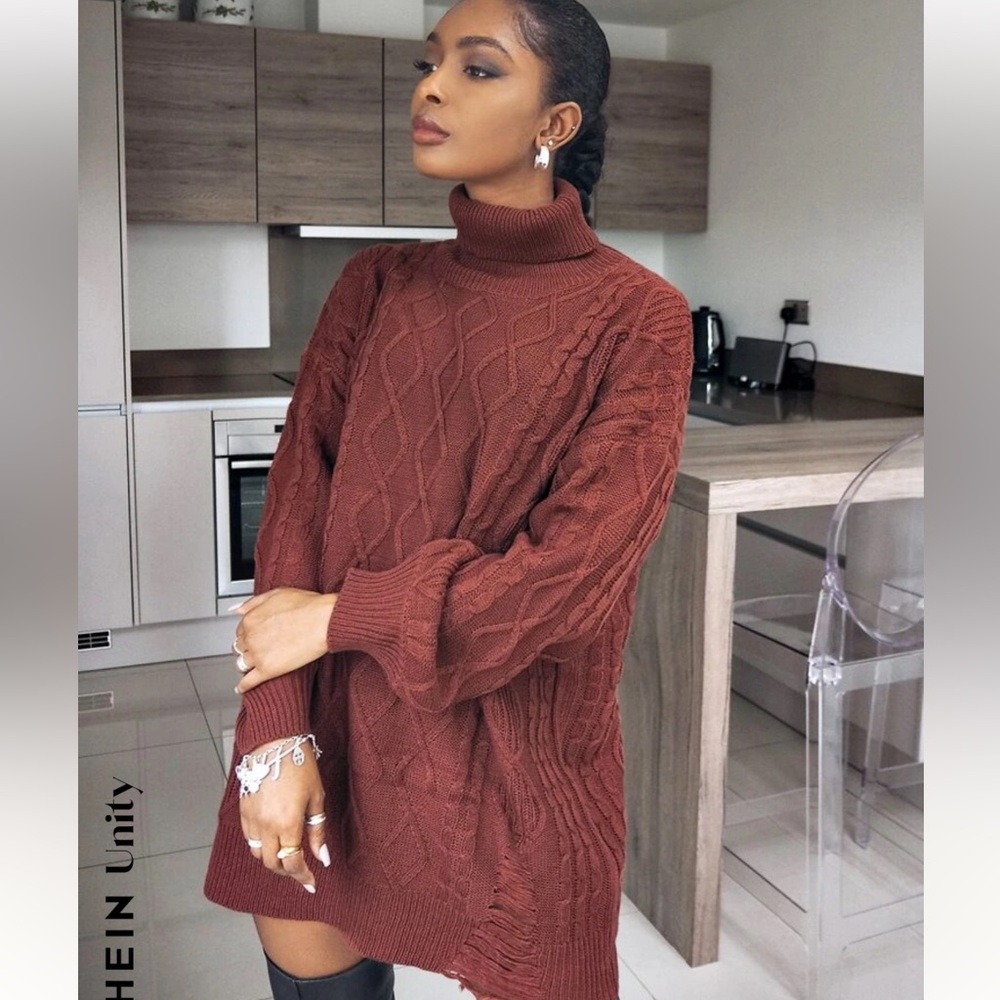 new SHEIN Rolled Neck Ripped Design Hem Cable Knit Sweater (L)